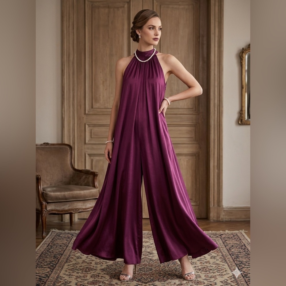 NWT MSK Stunning Extra Wide Leg Silky Feel Halter Back Neck Tie Jumpsuit Sz S